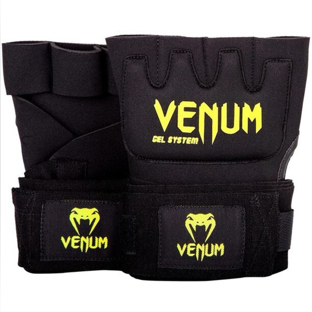 Venum "Kontact" GEL PRO WRAP gloves SET BLACK w/Neon Yellow VENUM printing